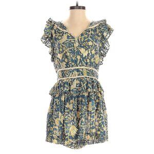 👉 Ulla Johnson Floral Romper Size 2 Blue Gold Ruffle Boho Cotton Silk